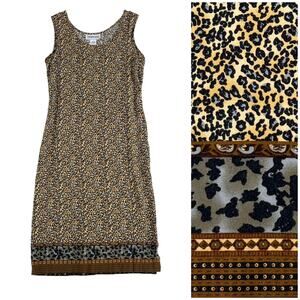 California Krush Leopard Midi Dress VTG Women S Tan Brown Y2K Boho Grunge 90s